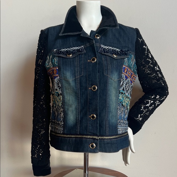 Multiples Jackets & Blazers - Multiples Blue Embroidered Jean jacket with crochet sleeves and embellished